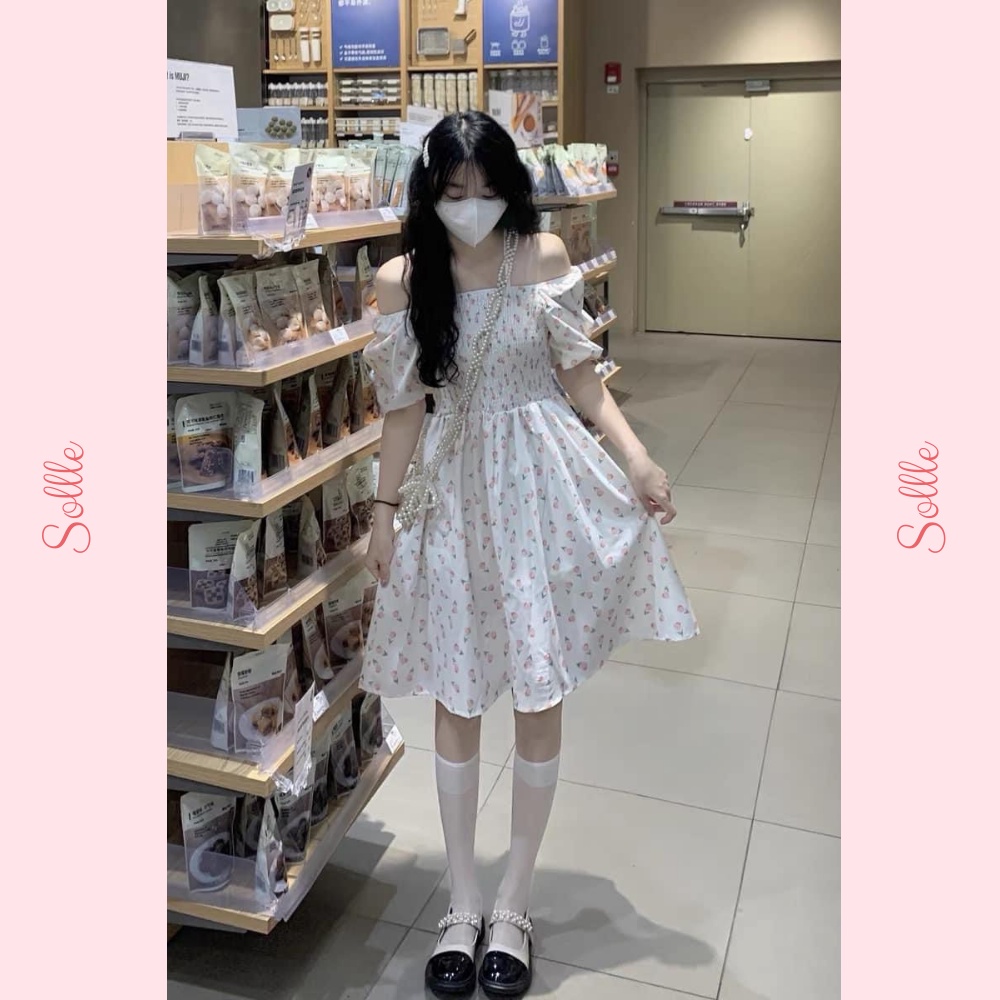 Đầm babydoll váy hoa nhí trễ vai tay bồng chun ngực dáng xòe ulzzang mặc 2 kiểu Hàn Quốc Sollle