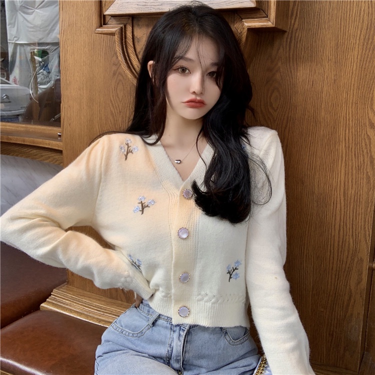 Áo Cardigan Dệt Kim Tay Dài Thêu Họa Tiết Phong Cách Hàn Quốc Dễ Phối Đồ