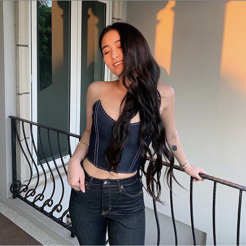 Áo Kiểu Chất Liệu Kaki Thun Cúp Ngực, [ADORABLE], Tube Jeans Phong Cách Âu Mỹ Hot Trend 2021 Ảnh Thật