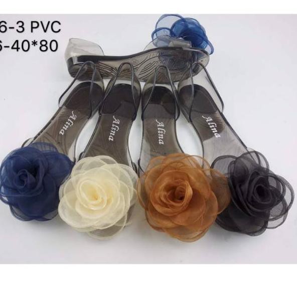 Giày Búp Bê Nhựa PVC Trong Suốt Đế Bằng Đính Hoa Xinh Xắn 186-3