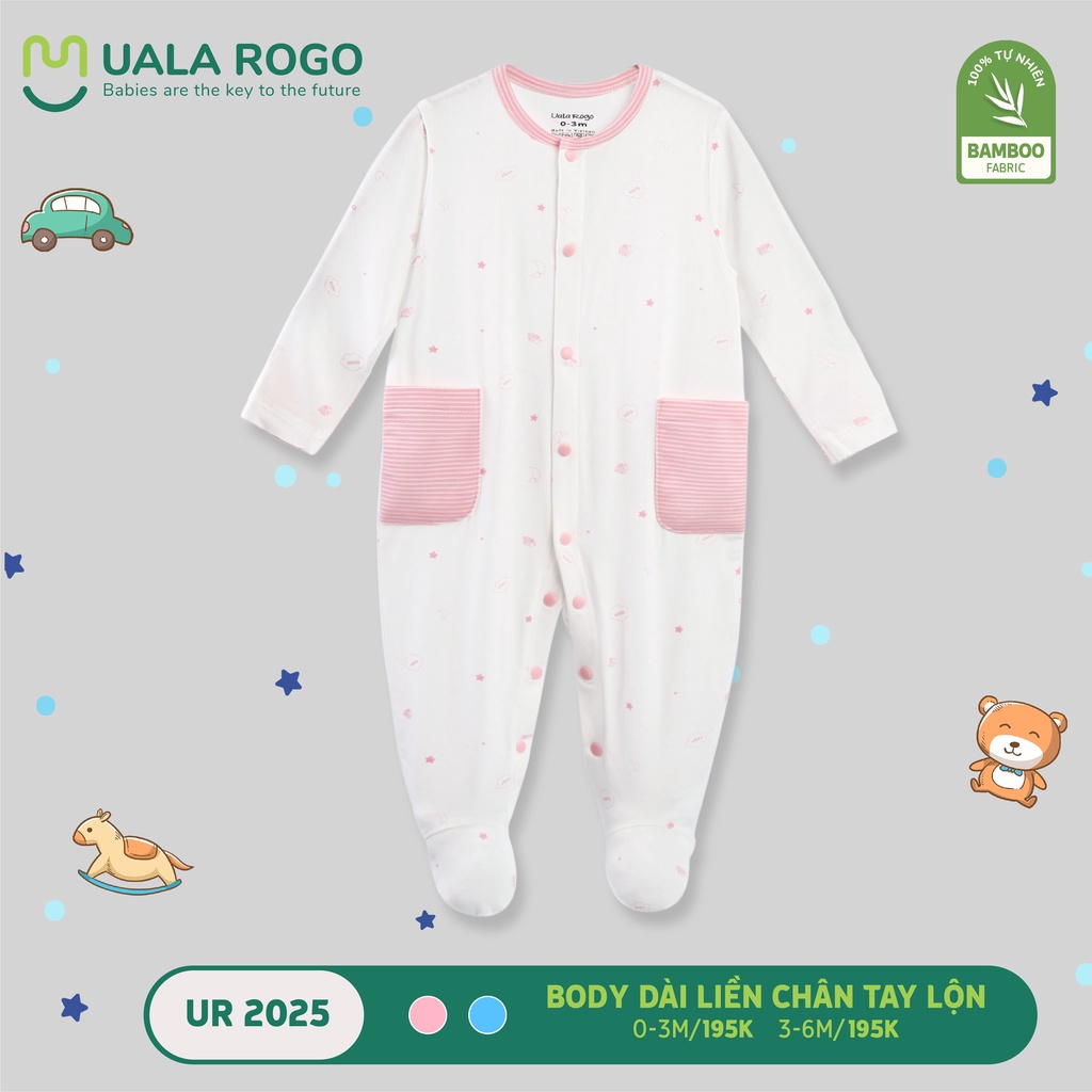 Bodysuit sơ sinh Ualarogo 0-6 tháng liền chân lộn tay vải sợi tre Bamboo mềm mịn co giãn cúc giữa gọn gàng