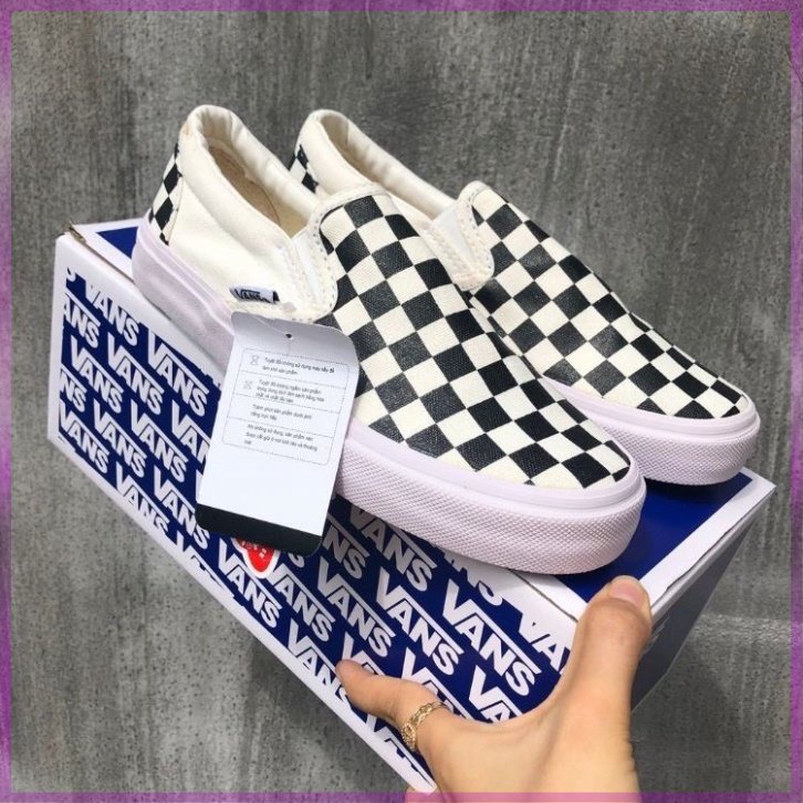 Giày lười nam nữ loại đẹp full box - Giày thể thao Slip On Vans Caro kẻ sọc đen trắng cá tính ulzzang đế êm lót da K185
