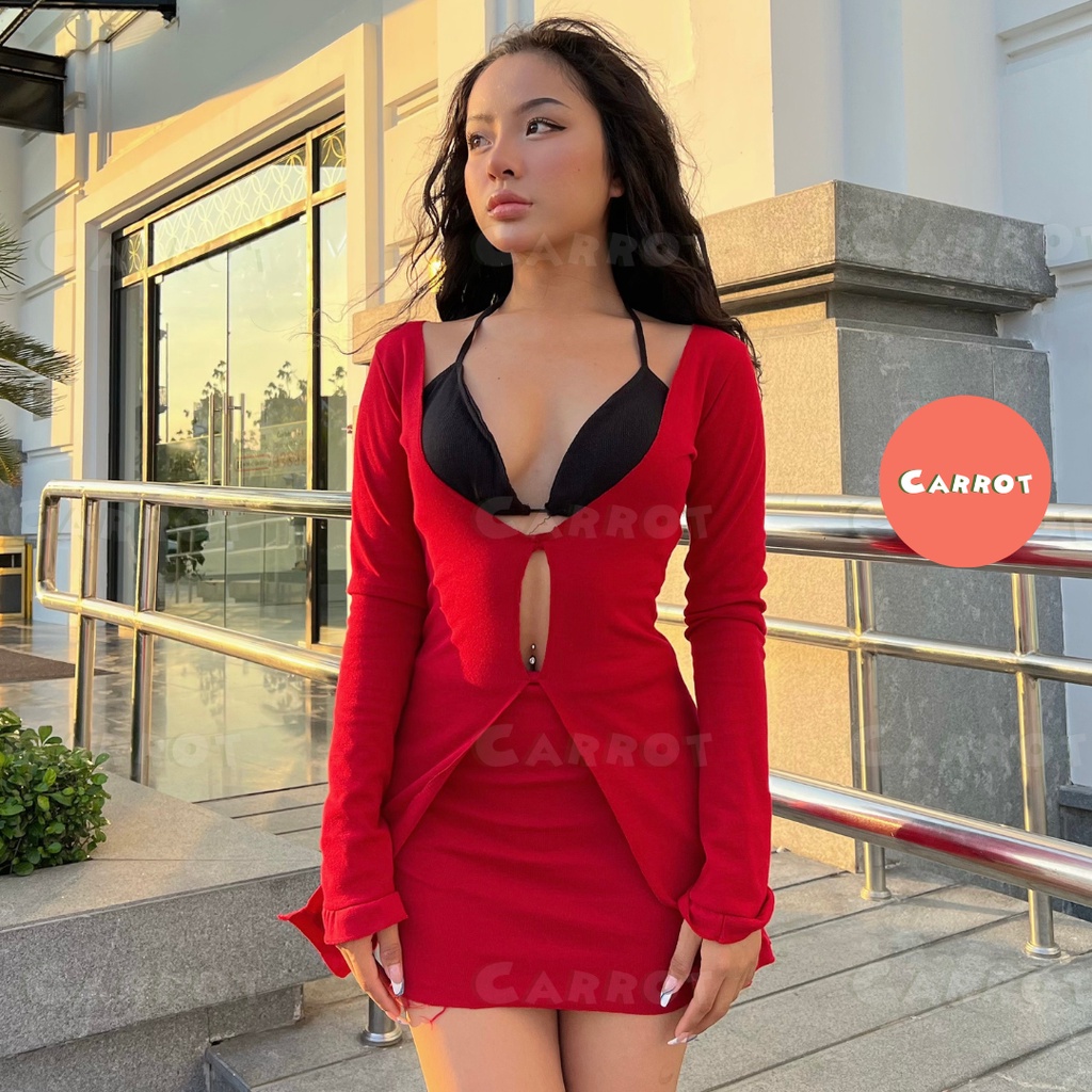 Set áo croptop tay dài thiết kế chân váy ôm body áo ngực sexy quyến rũ chất vải dày dặn đi chơi Carrotxinhdep (53)+(59