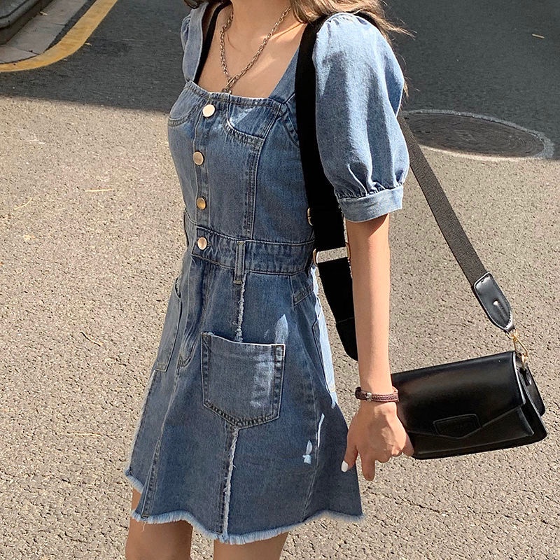 Đầm Denim Cổ Vuông Tay Phồng Phong Cách Âu Mỹ Thời Trang Mùa Hè 2022