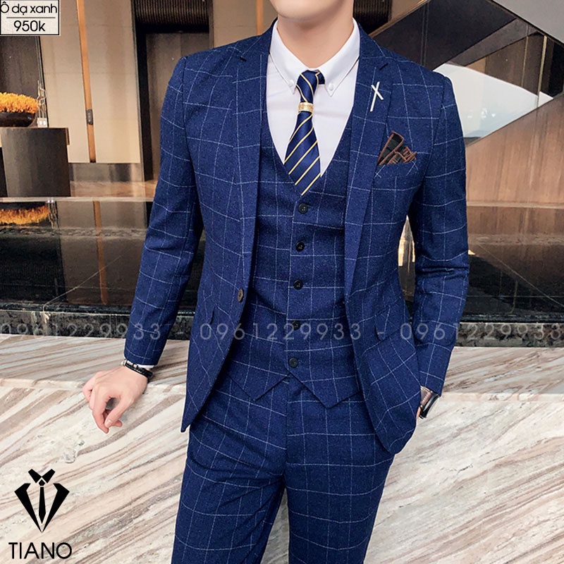 Bộ vest nam cao cấp màu Xanh kẻ ô 1 cúc - chất vải cao cấp - 2 lớp, kiểu dáng hàn quốc form body