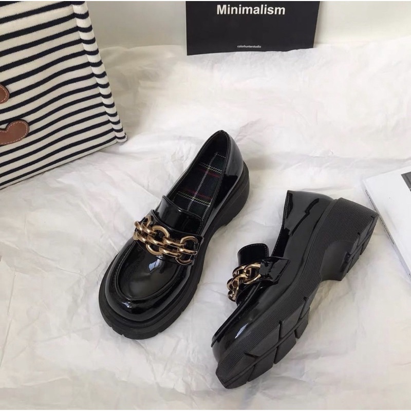 Giày búp bê Loafer phối xích vintage cổ điển học sinh Nhật Bản Yannie Lolita