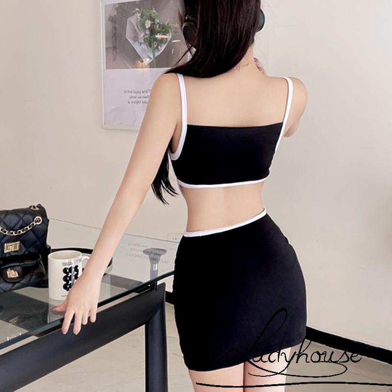 Ldd-đầm Hai Dây Spaghetti Khoét Rỗng Màu Tương Phản Mùa Hè Màu Hồng / Đen Cho Nữ