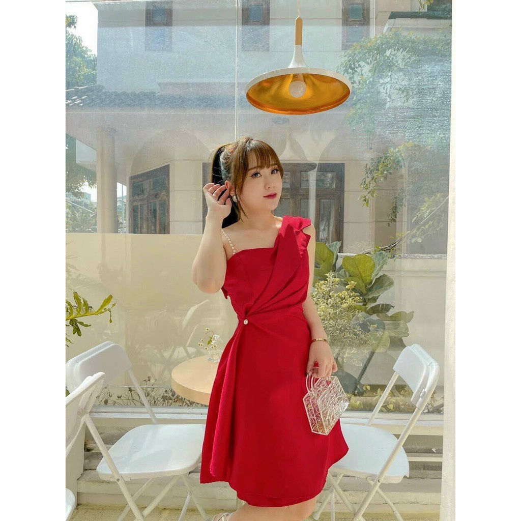 Váy dự tiệc nữ ❣️ đầm xòe lệch vai dây cườm kèm mút ngực sang trọng P01 | BigBuy360 - bigbuy360.vn