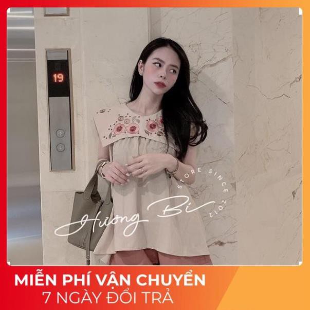 Set Áo Be Cổ Vuông Sát Nách Thêu Hoa