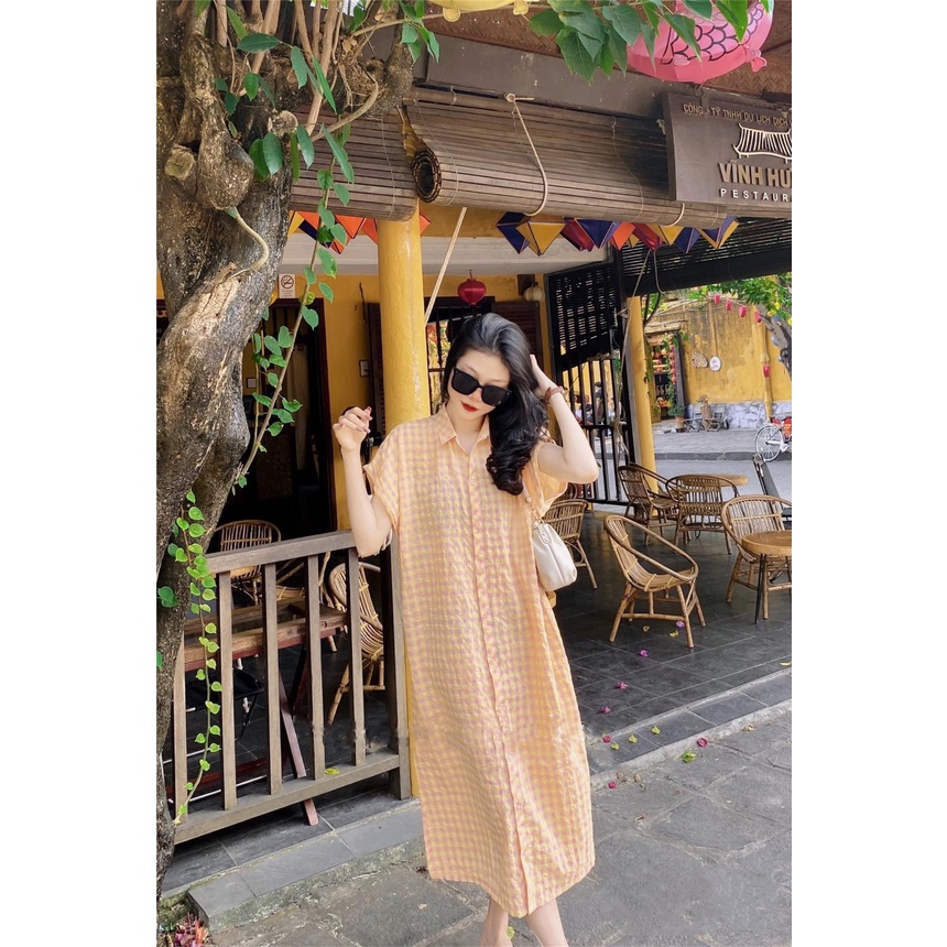 : Váy sơmi basic xốp kẻ ô dáng suông đủ màu bầu bí mặc thoải mái kèm ảnh thật