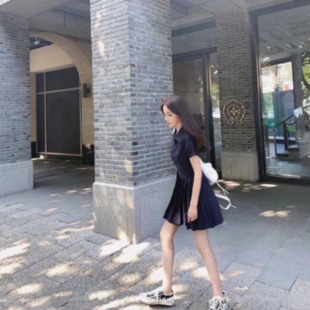 Váy Polo , Đầm Nữ Ngắn Xếp Ly , Dáng Xòe Màu Trơn , Chất Liệu Polyongester Cao Cấp Phong Cách Hàn Quốc