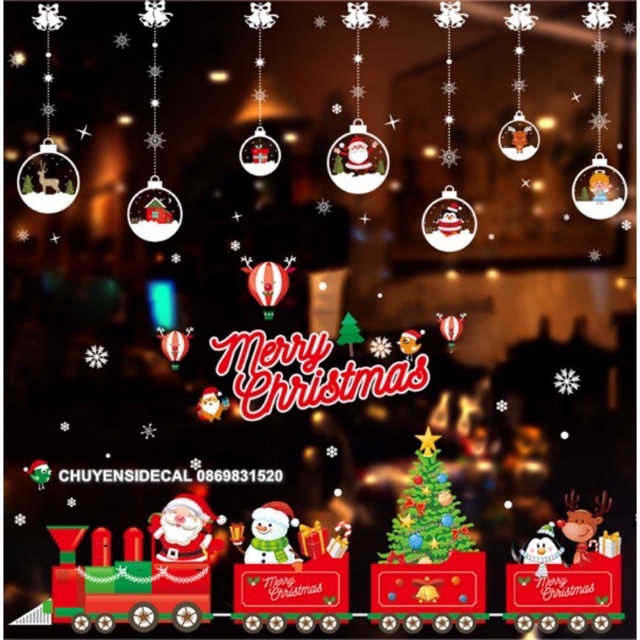 Combo Decal dán tường Noel - Rèm Pha Lê phối Đoàn tàu đỏ ( 2 tấm )