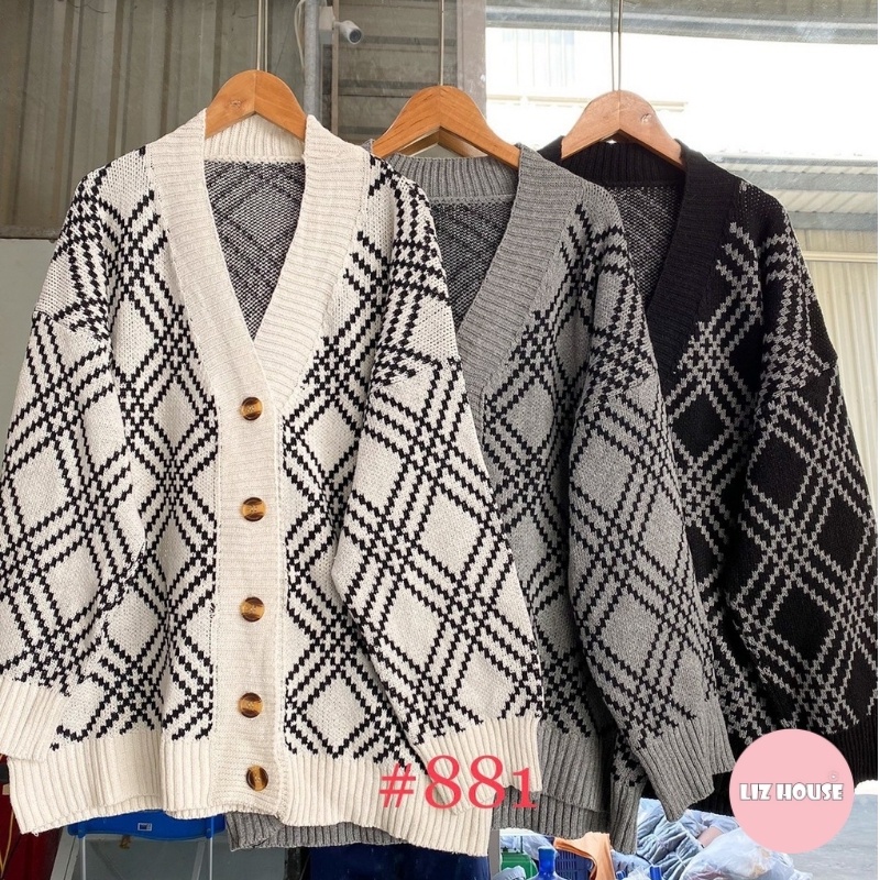 Áo cardigan dài tay style Hàn Quốc bánh bèo nữ tính form rộng Ulzzang họa tiết hình thoi LIZHOUSE