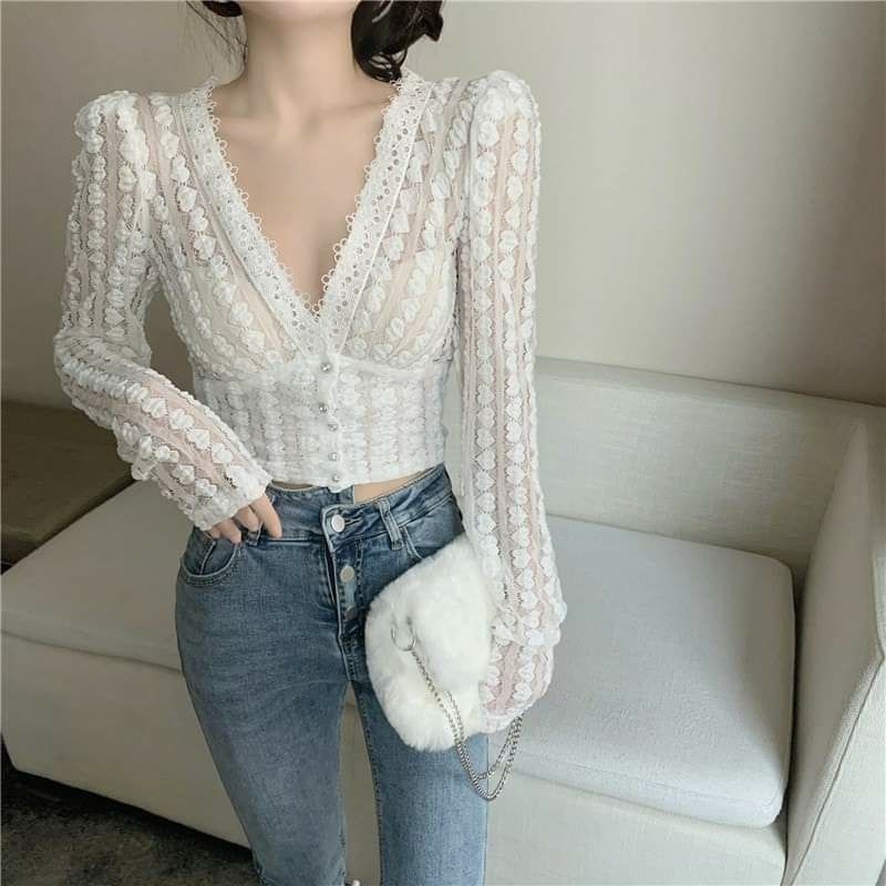 áo ren dài tay hoa nổi cổ v khuy ngọc