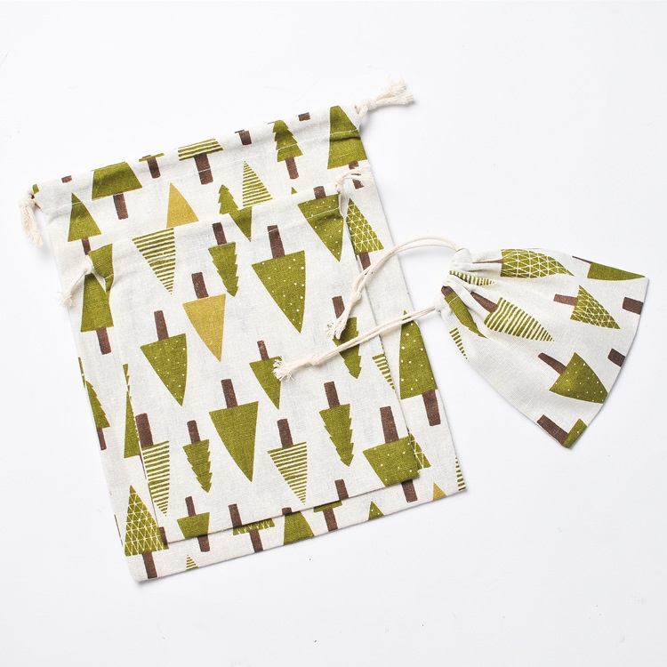 Túi dây rút vải lanh cotton in hình cây thông Noel