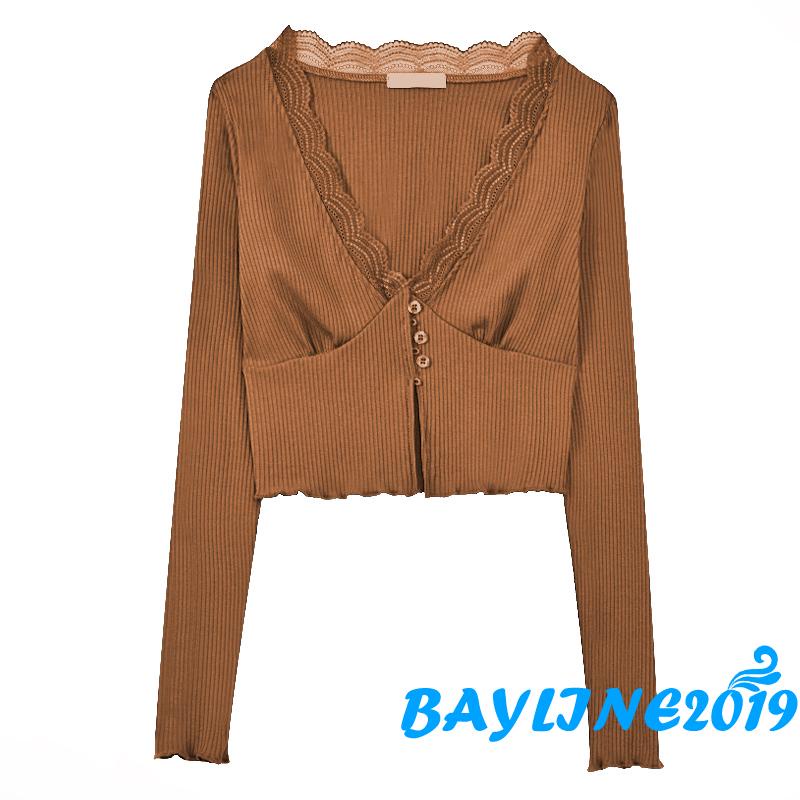 Áo croptop tay dài cổ chữ v phối ren thời trang cho nữ