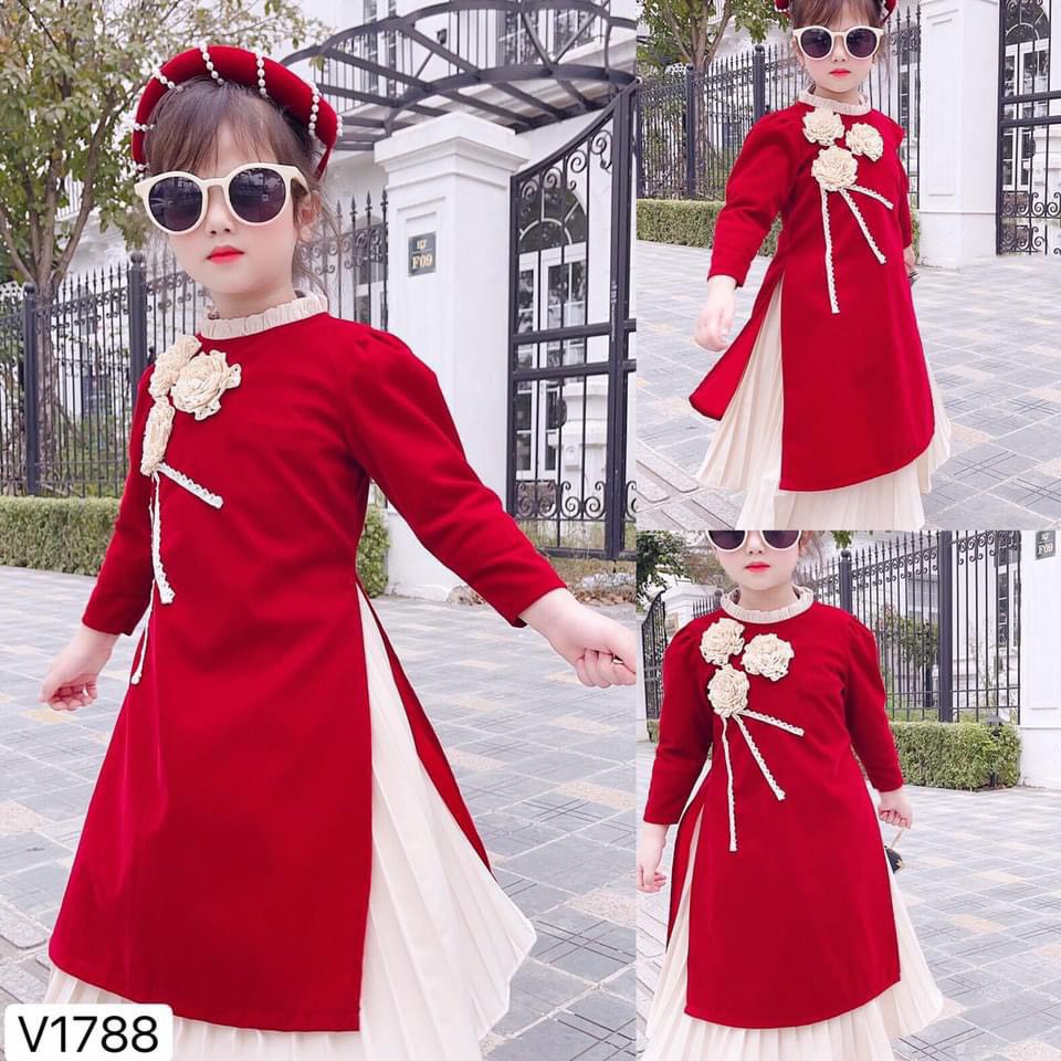 SÉT ÁO DÀI NHUNG ĐỎ CÀI HOA REN MẸ CON