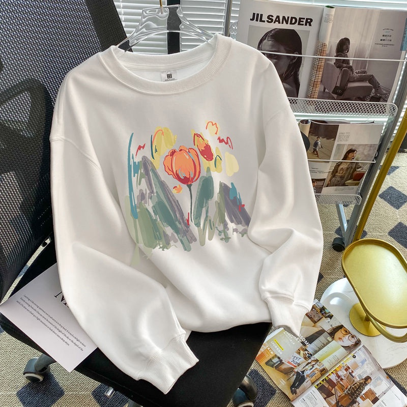 Áo sweater Cổ Tròn Màu Đen In Hình Hoa tulip Xinh Xắn Cho Nữ