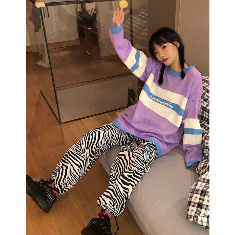Áo sweater dệt kim mặc chui đầu cổ tròn dáng rộng phối màu kiểu Hàn Quốc thời trang thu đông