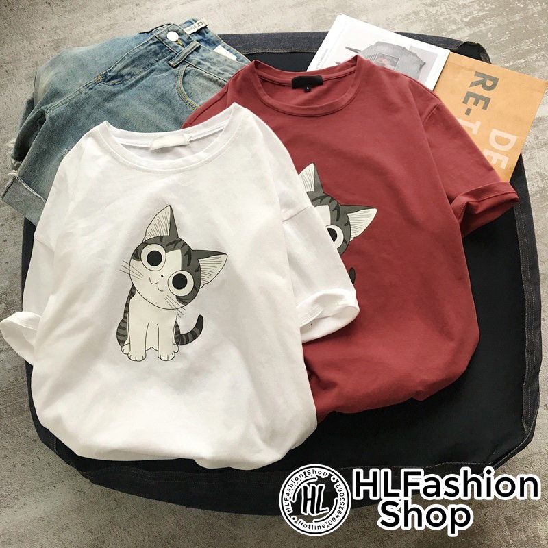 Áo thun tay lỡ form rộng Mèo đáng yêu, áo phông form rộng size HLFashion