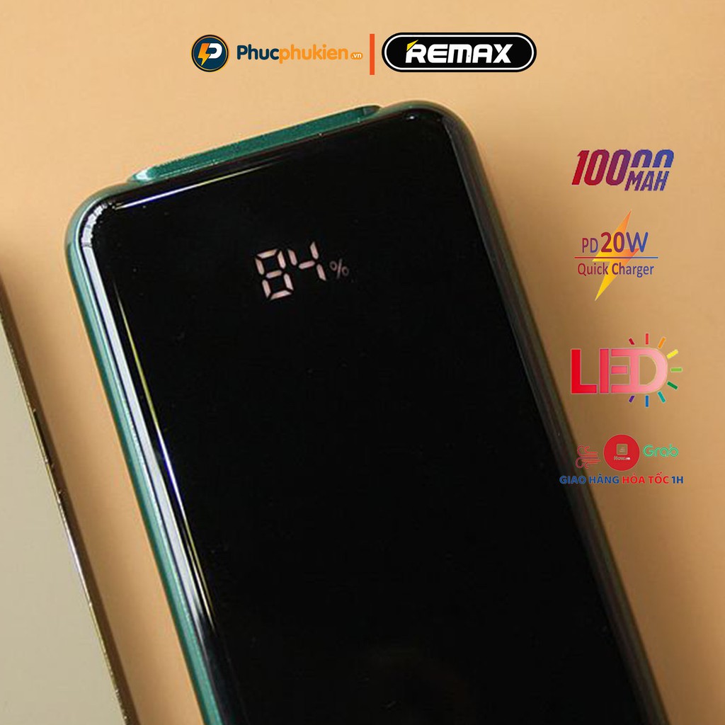 Sạc dự phòng 10000mah Remax RPP 218 tích hợp 3 cáp sạc lightning, Type C và micro hỗ trợ sạc nhanh 2 chiều