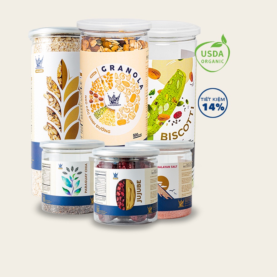 [Combo Mua 3 Ra 6] VUA YẾN MẠCH Granola 500gr + Yến mạch 500gr + Biscotti trà xanh 250gr + Hạt chia + Muối hồng + Táo đỏ