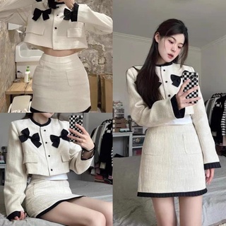 Sét áo dạ tweed croptop trắng nơ túi kèm chân váy chữ A ôm body lưng cao tiểu thư sang chảnh,sét váy nữ đi chơi hàn quoc