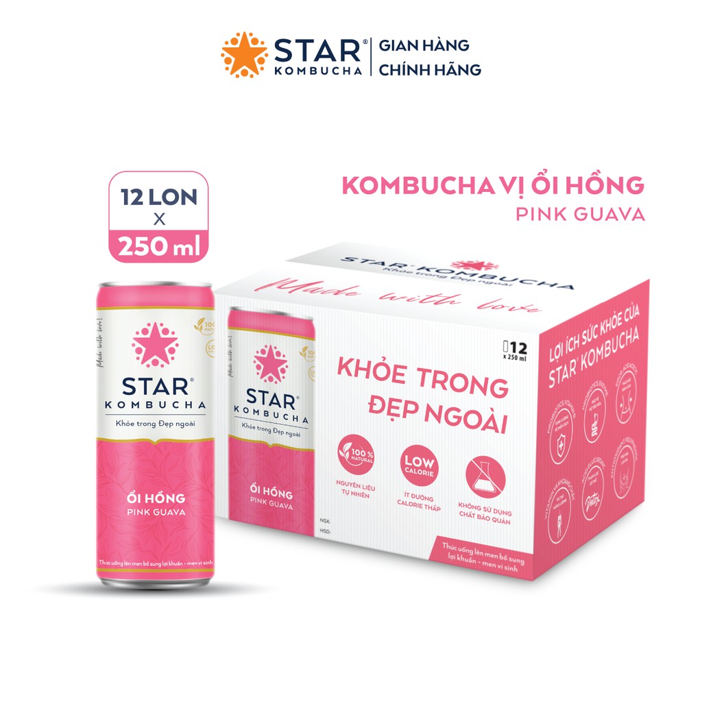 Thùng 12 lon STAR KOMBUCHA Ổi Hồng / Pink Guava (250ml/lon) - Trà lên men vi sinh chứa probiotics bảo vệ sức khoẻ