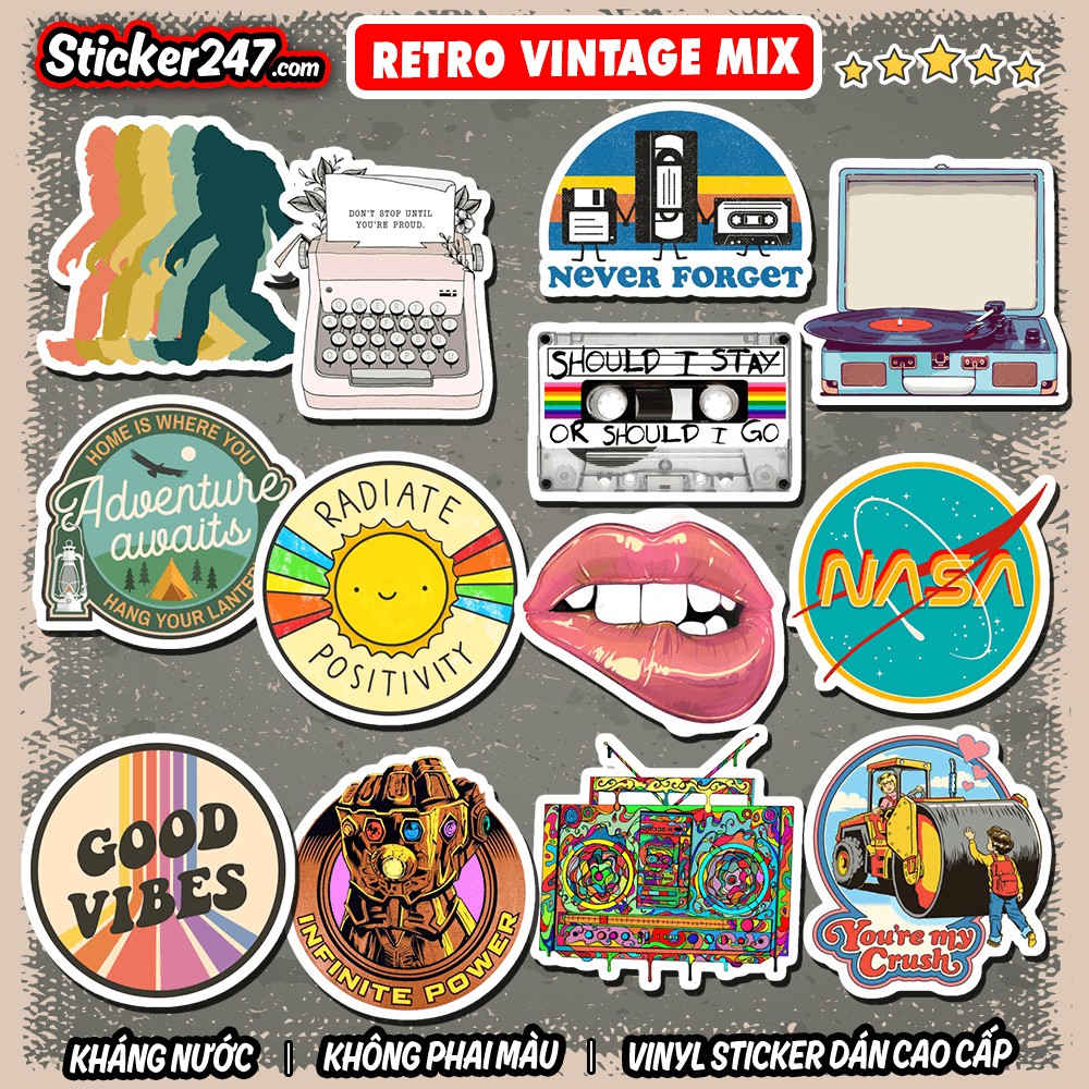 Sticker Retro Vintage Mix chủ đề 🌈𝑭𝒓𝒆𝒆𝒔𝒉𝒊𝒑 chống nước, hình decal dán laptop, ipad, mũ bảo hiểm,vali, đàn guitar, ipad