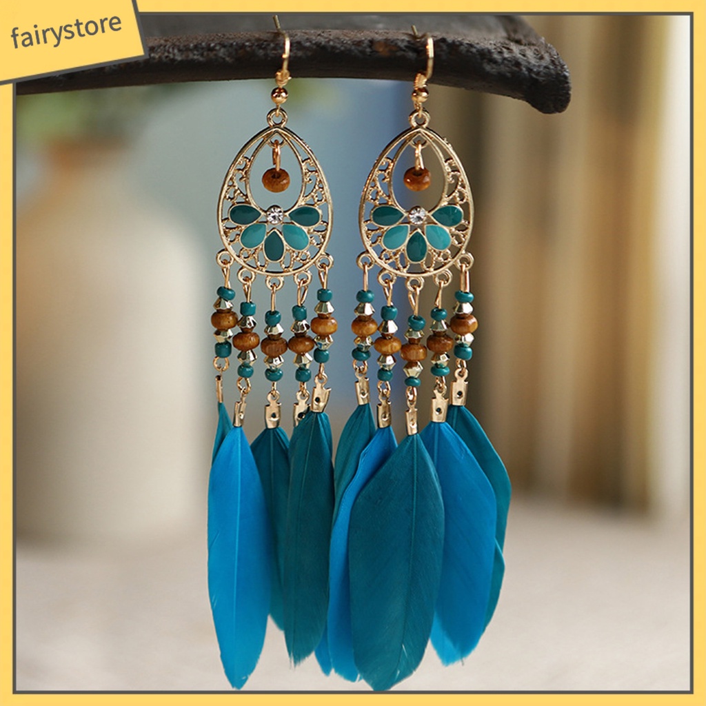 1 Đôi Bông Tai Dáng Dài Phối Lông Vũ Phong Cách Bohemian Thời Trang