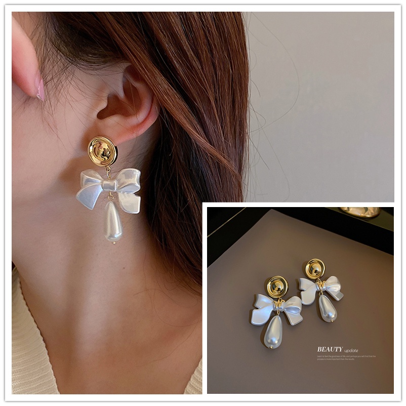 Bông Tai Mạ Bạc 925 Hình Nơ Đính Ngọc Trai Phong Cách Hàn Quốc