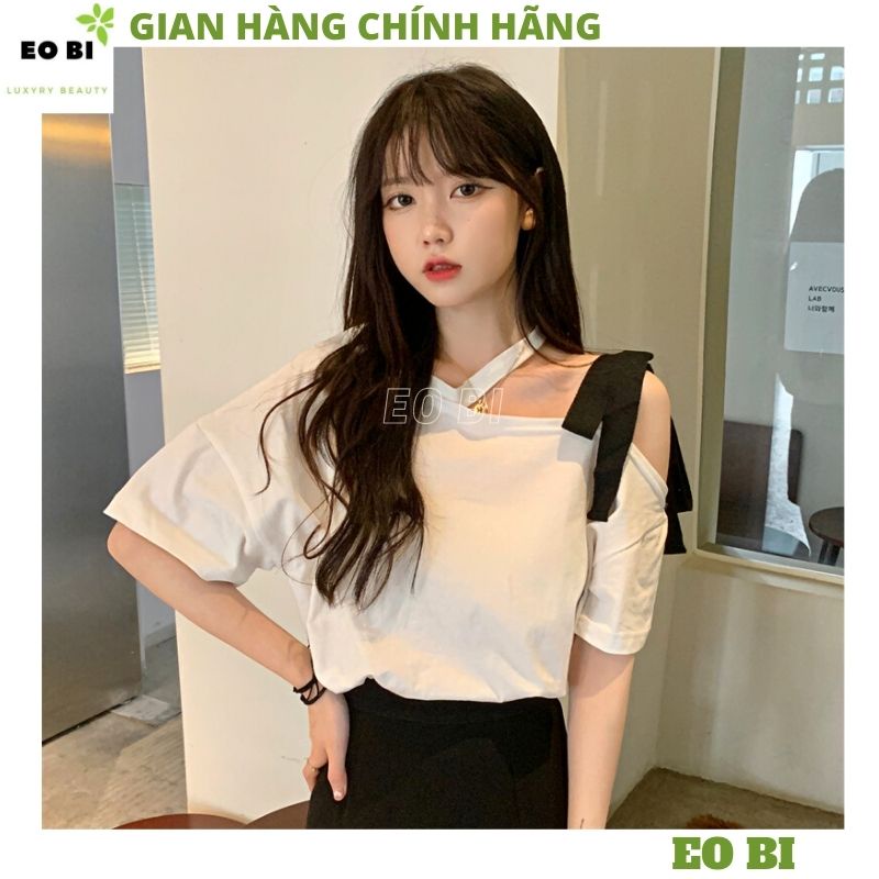 Áo thun nữ buộc nơ vai kiểu cổ choker ulzzang vintage cực xinh chất cottong mềm mịn mặc xinh -EOBI