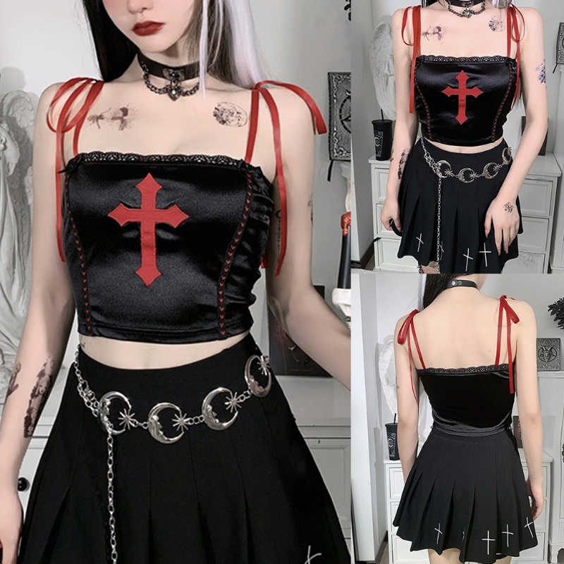 Áo Croptop Hai Dây Dáng Ôm Thêu Chữ Thập Màu Đỏ / Đen Vải Satin Phong Cách Gothic Punk Cho Nữ