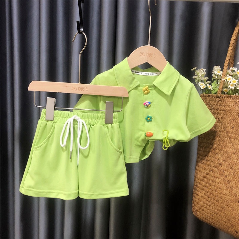 Set Áo polo Tay Ngắn Màu Trơn + Quần Short Thời Trang Mùa Hè Hàn Quốc 2023 Mới Cho Bé Gái
