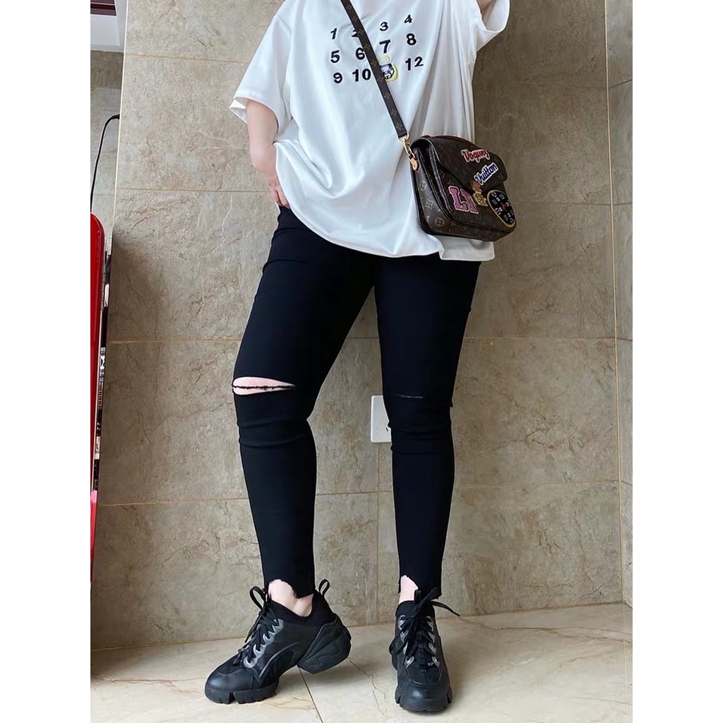Quần jean dài Bigsize màu đen tuyền lưng cao, rách ngang đùi dành cho 60kg đến 90kg