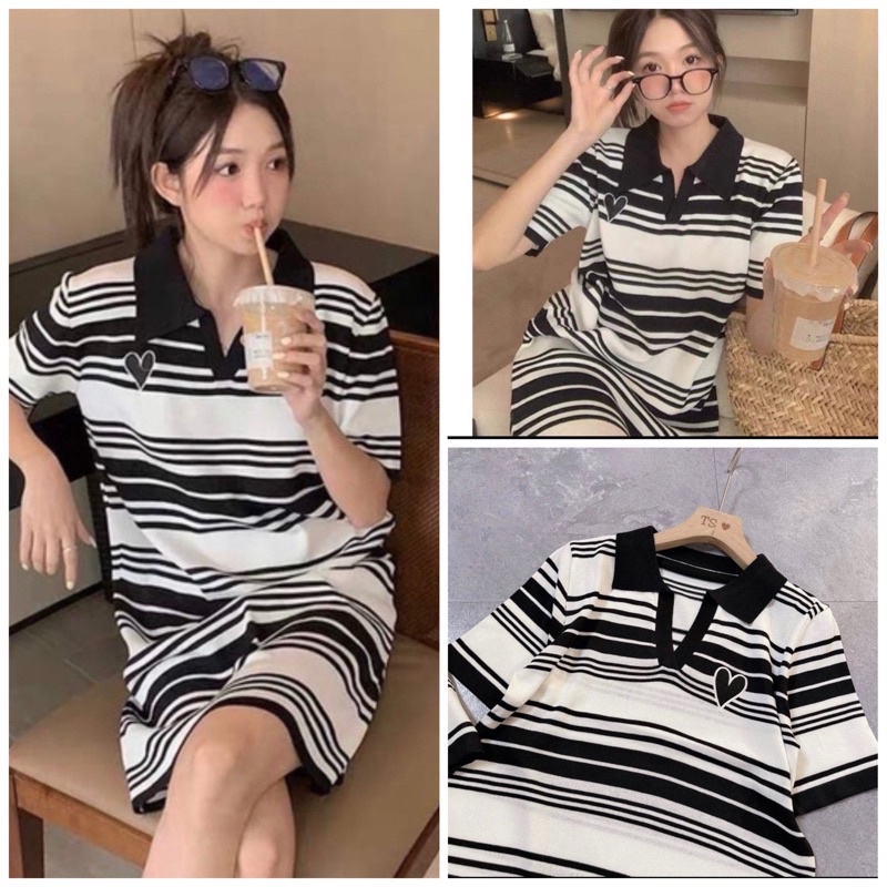 [Có bán tách riêng]Set đồ bạn thân thêu hình tim chất vàmongtogi hàng Quảng châu Đầm dáng suông hàn Quốc và áo croptop