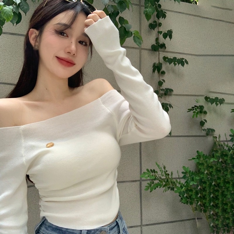 Áo Croptop Dệt Kim Tay Dài Màu Sắc Thanh Lịch