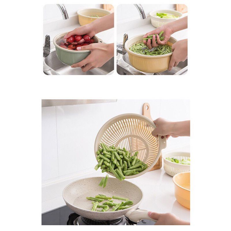 Bộ Thau Rổ Thoát Nước Đựng Rửa Thực Phẩm, Rau Củ Quả Đa Năng-Màu Xanh Lá