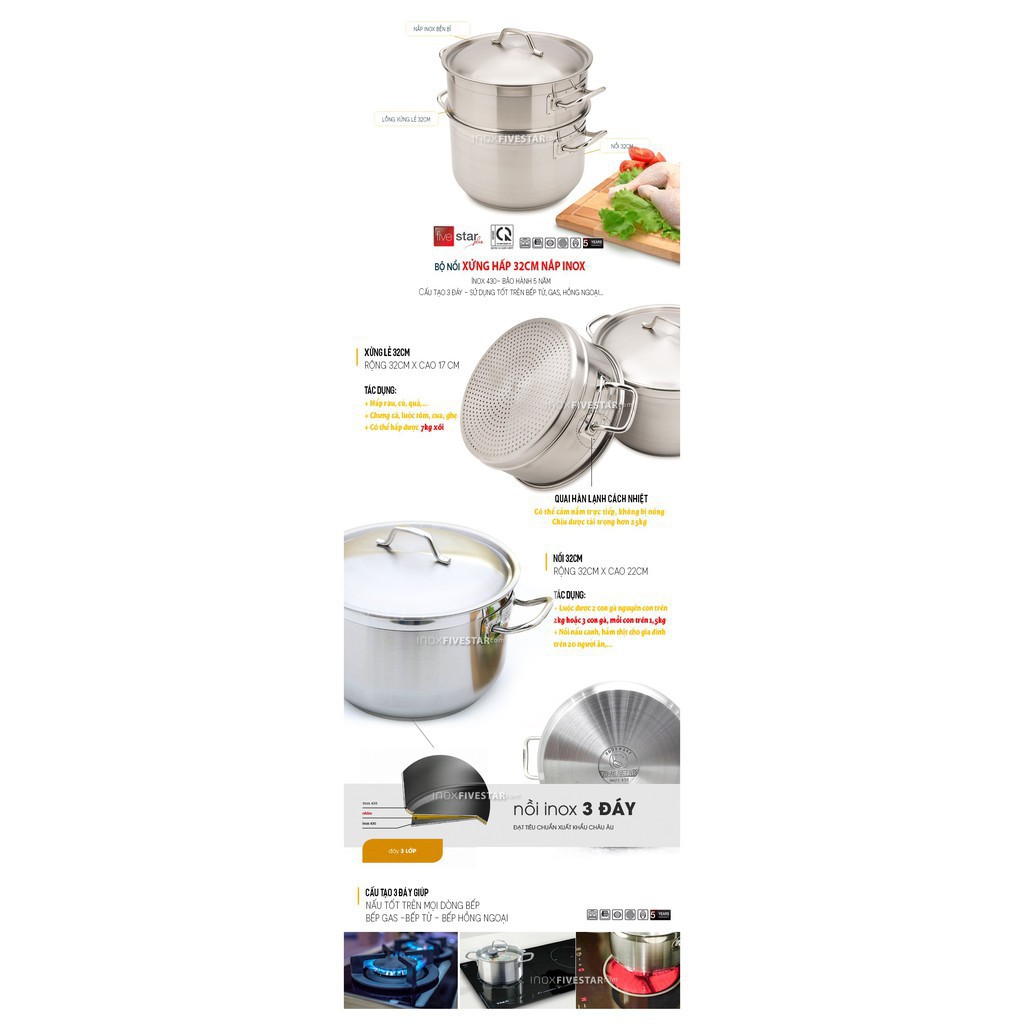 Bộ nồi xửng hấp cao cấp Fivestar 24-26-28-30-32cm - 3 đáy nắp kính đun từ - BH 5 năm