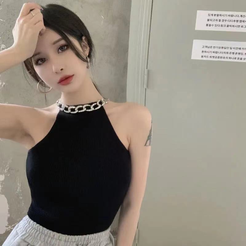 Áo kiểu ZHELIHANGFEI cổ yếm không tay dệt kim ôm dáng vừa vặn hở lưng thời trang mùa hè xinh xắn dành cho nữ