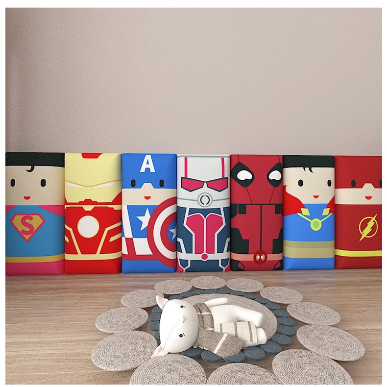 Miếng xốp nệm da dán tường hình siêu nhân dày 3cm trang trí phòng ngủ đầu giường chống va đập an toàn cho bé