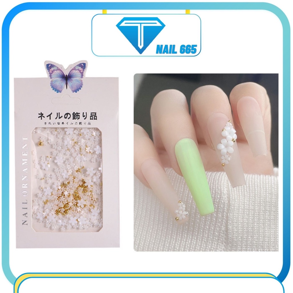 Charm nơ gắn móng nail , Sét Charm phụ kiện trang trí , hoa nhí mix bi vàng , trắng
