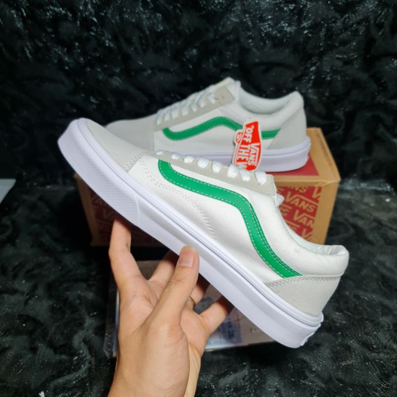 [Ảnh Thật + Video] Giày Vans Old Skool White Green || Giày Vans Old Skool Trắng Sọc Xanh Lá