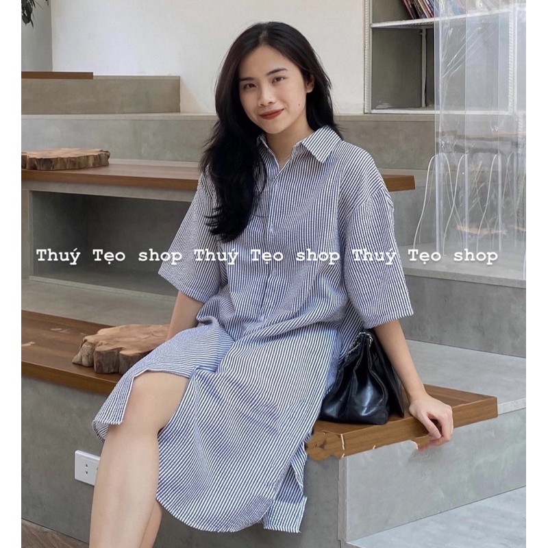 VÁY SƠ MI KẺ DỌC SUÔNG FORM RỘNG - Váy sơ mi kẻ đen/xanh dáng suông (ảnh thật/video)