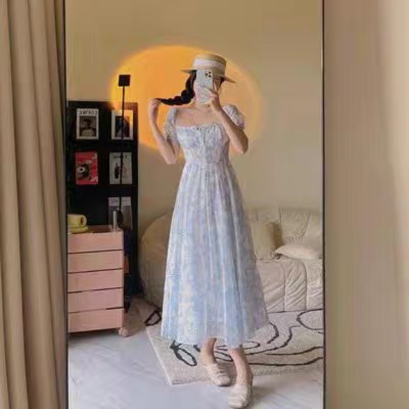 Váy maxi trễ vai nhíu ngực hoạ tiết hoa sang chảnh kèm feedback