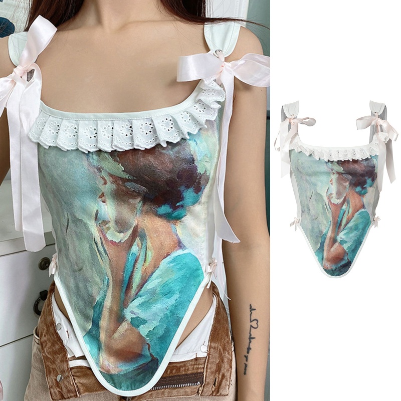 Áo Lửng Sát Nách Hở Lưng In Họa Tiết Phong Cách Cổ Điển Quyến Rũ Dành Cho Nữ