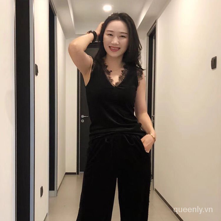 Áo hai dây vải nhung phối ren dáng ôm hở lưng thời trang mùa thu cho nữ 2021 | BigBuy360 - bigbuy360.vn