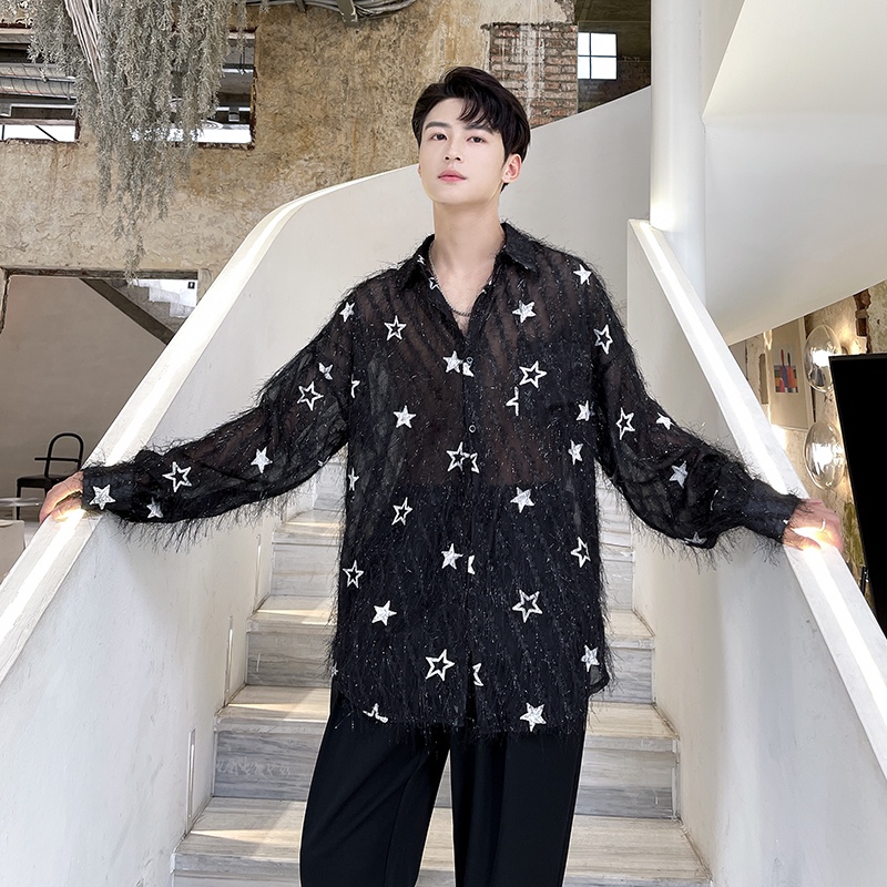 Áo Sơ Mi Xuyên Thấu Phối Tua Rua Lông Vũ Cổ Tích ins Cá Tính Cho Nam