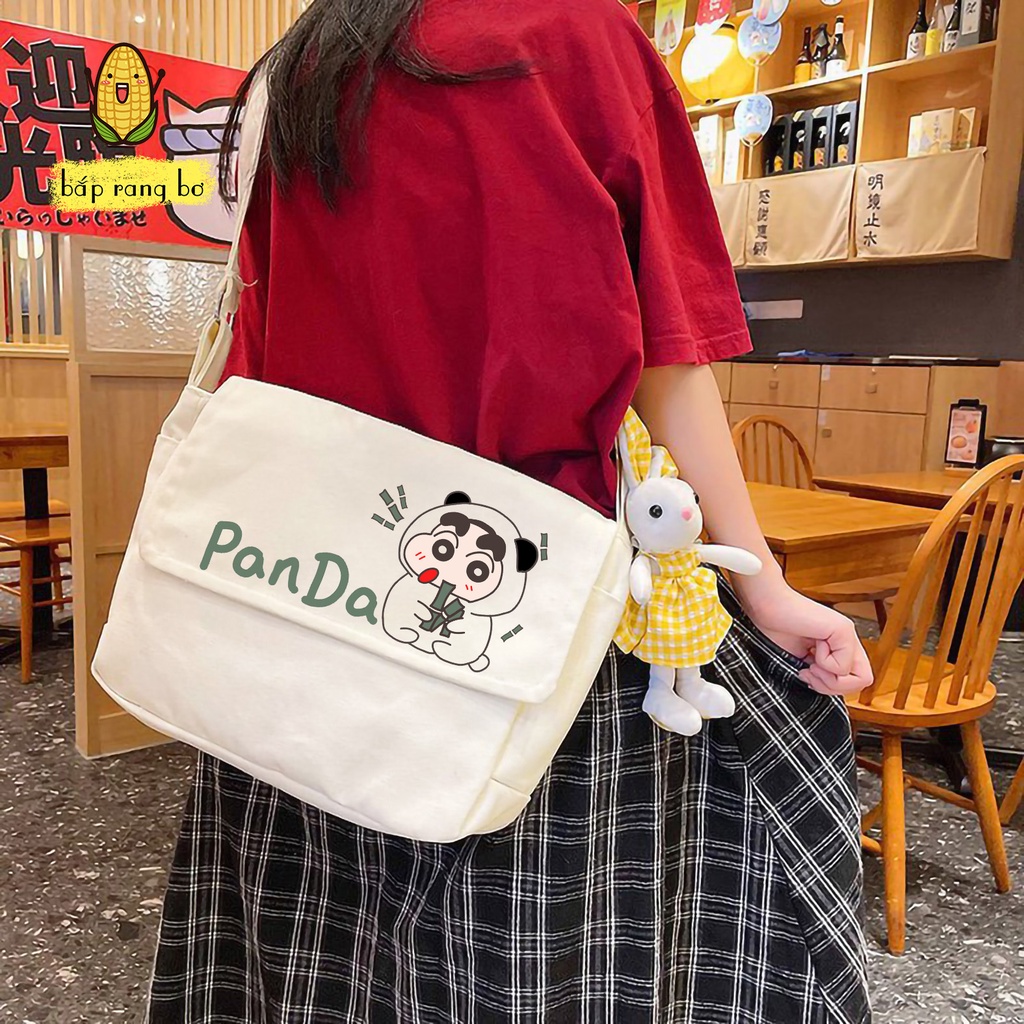 TÚI VẢI ĐEO CHÉO SHIN BÚT CHÌ CÓ TÚI CON ĐỂ SÁCH A4 TOTE CANVAS ĐI HỌC ĐI CHƠI
