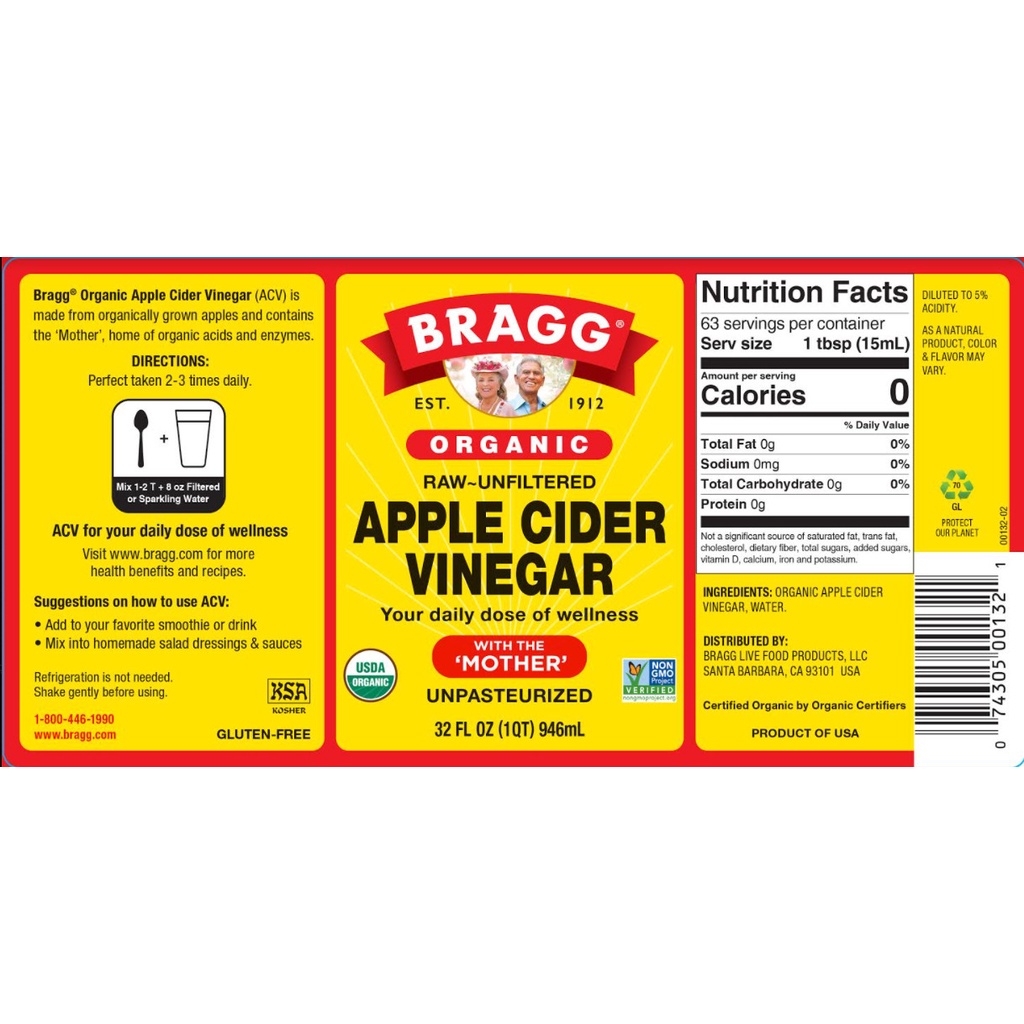 Giấm táo hữu cơ Bragg 473ml - Raw Apple Cider Vinegar